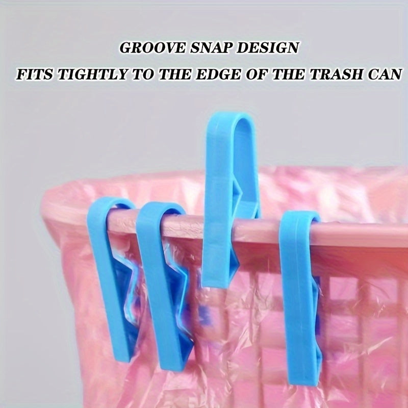 Blue Plastic Bag Holder Clips set of 12, featuring a Groove Snap Design for easy use. These Anti-Slip Trash Can Edge Clamps are durable Household Garbage Bag Ring Fixers that can easily be attached to your trash can. Please note, these clips are for Hand