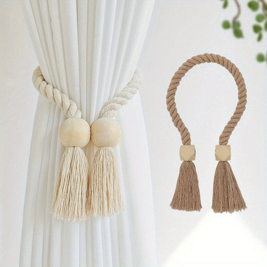 Set of 2 Magnetic Window Curtain Tiebacks with Wooden Tassels - Ideal for Bedroom, Living Room, Kitchen, and Home Decor