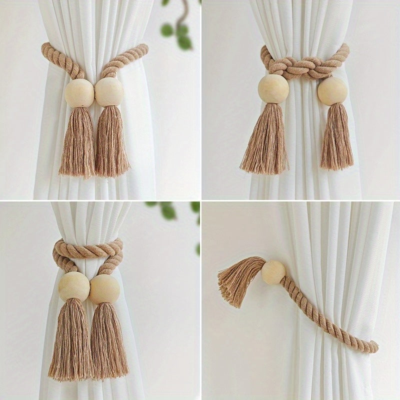 Set of 2 Magnetic Window Curtain Tiebacks with Wooden Tassels - Ideal for Bedroom, Living Room, Kitchen, and Home Decor