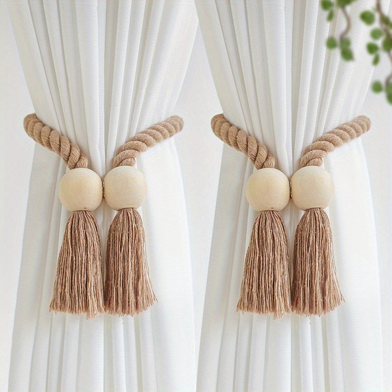 Set of 2 Magnetic Window Curtain Tiebacks with Wooden Tassels - Ideal for Bedroom, Living Room, Kitchen, and Home Decor