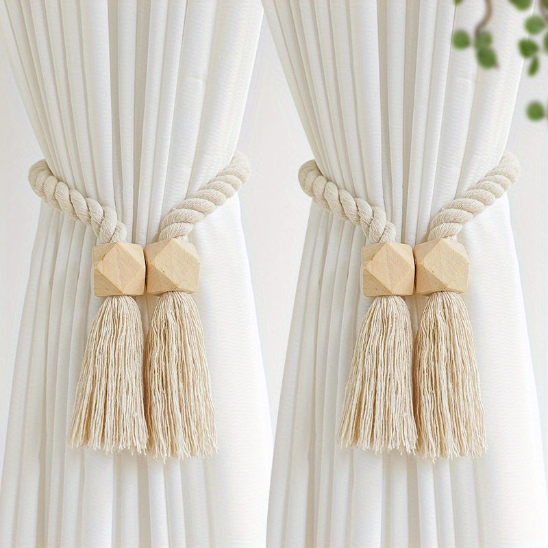 Set of 2 Magnetic Window Curtain Tiebacks with Wooden Tassels - Ideal for Bedroom, Living Room, Kitchen, and Home Decor