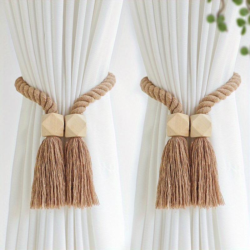 Set of 2 Magnetic Window Curtain Tiebacks with Wooden Tassels - Ideal for Bedroom, Living Room, Kitchen, and Home Decor