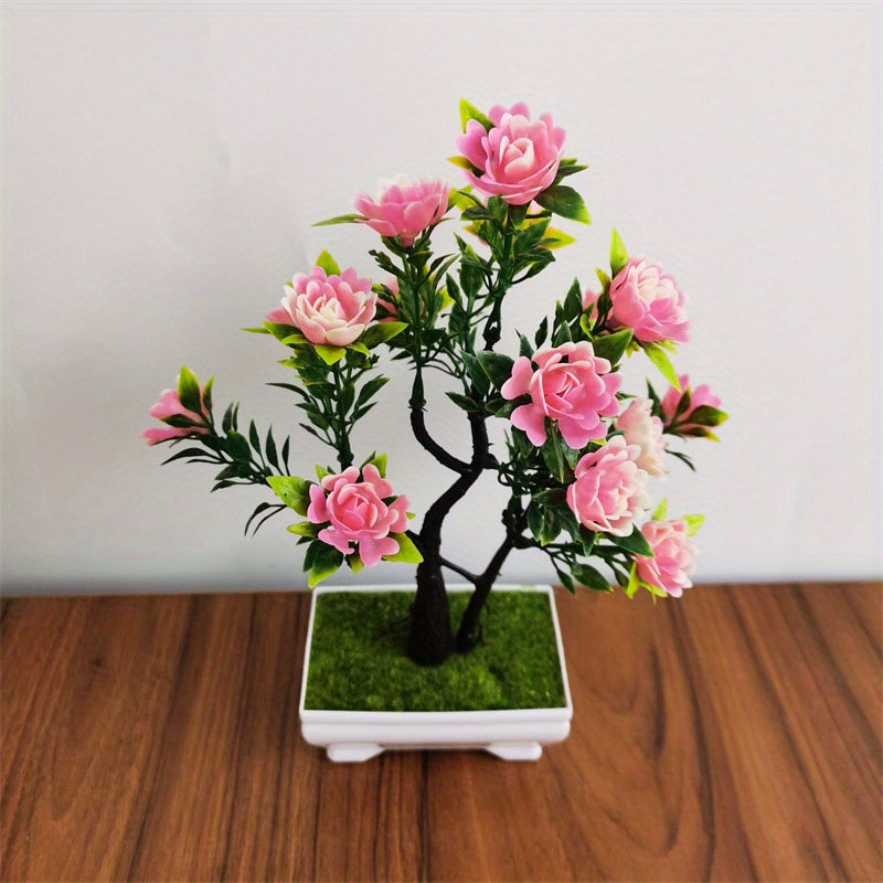 Artificial Bonsai Plant with Faux Rose Flowers in Plastic Pot for Home Decor.