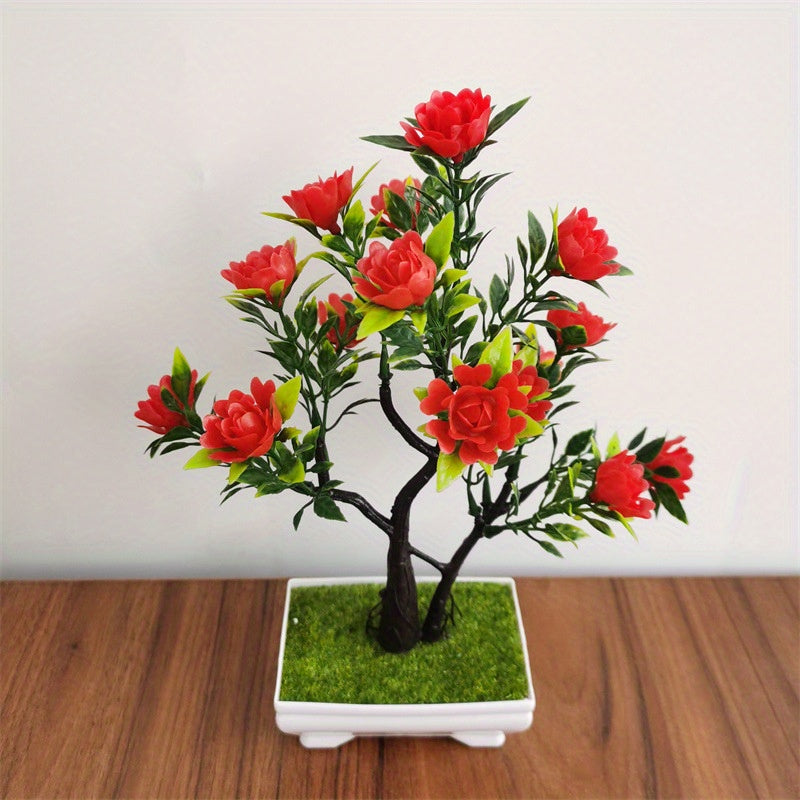 Artificial Bonsai Plant with Faux Rose Flowers in Plastic Pot for Home Decor.