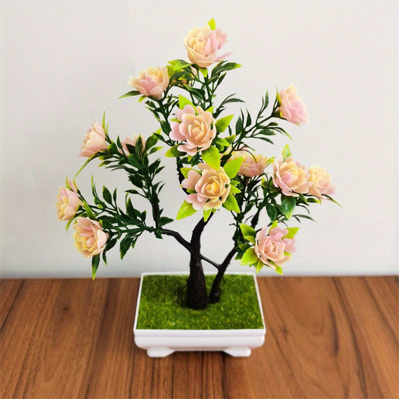 Artificial Bonsai Plant with Faux Rose Flowers in Plastic Pot for Home Decor.