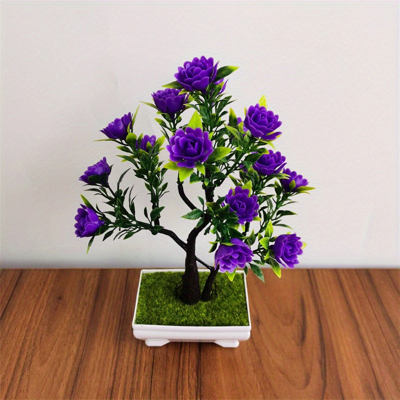 Artificial Bonsai Plant with Faux Rose Flowers in Plastic Pot for Home Decor.