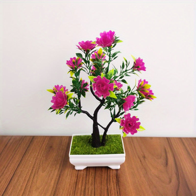 Artificial Bonsai Plant with Faux Rose Flowers in Plastic Pot for Home Decor.