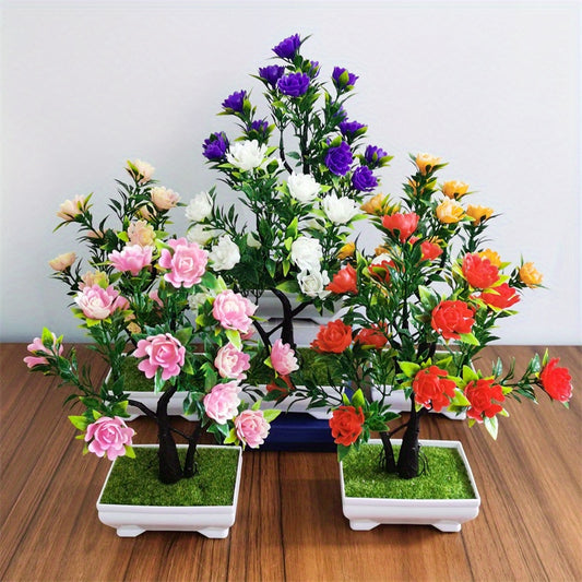 Artificial Bonsai Plant with Faux Rose Flowers in Plastic Pot for Home Decor.