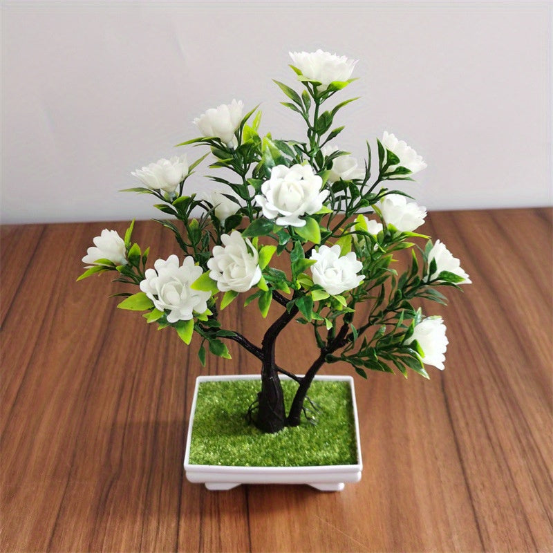 Artificial Bonsai Plant with Faux Rose Flowers in Plastic Pot for Home Decor.