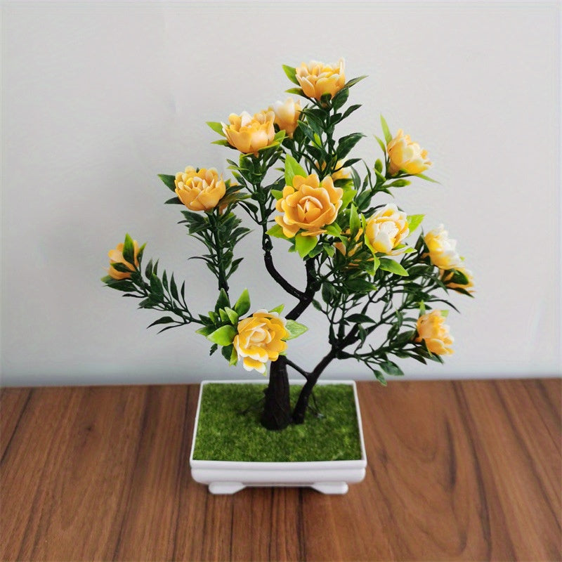 Artificial Bonsai Plant with Faux Rose Flowers in Plastic Pot for Home Decor.