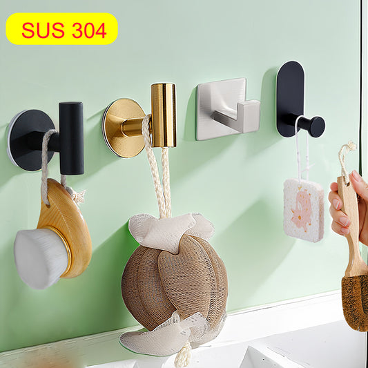 Two sleek black stainless steel self-adhesive hooks for towels and kitchen utensils. Rustproof, no-drill wall mount perfect for home and garage organization.