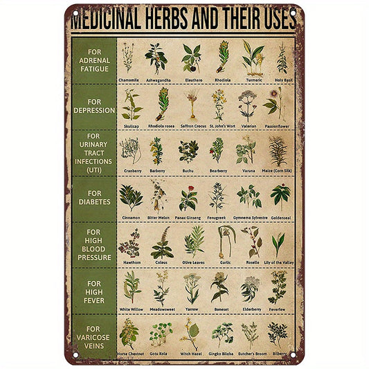 Vintage retro metal tin signs featuring medicinal herbs and their uses. Perfect for home bar, cafe, garage, kitchen, gym, boxing club, or fitness club wall decor. Funny wall art that adds a touch of nostalgia to any space.