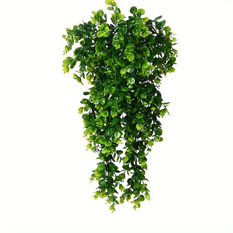 2 faux eucalyptus hanging plants for indoor and outdoor decor, ideal for shelves and parties.