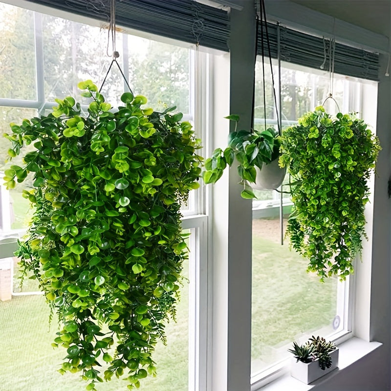 2 faux eucalyptus hanging plants for indoor and outdoor decor, ideal for shelves and parties.