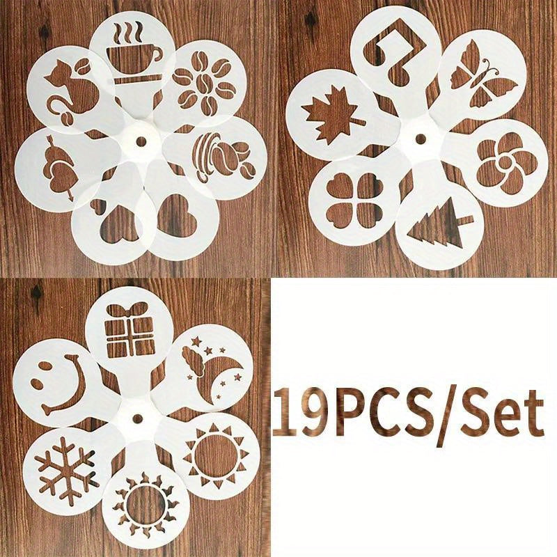 Coffee Stencil Set - 19 Pieces, Includes Fancy Printing Mold, Foam Spray Cake Stencils, Cappuccino Drawing Mold, Powdered Sieve Tools, Perfect for Home, Coffee Shop, Bakery, and Kitchen Supplies