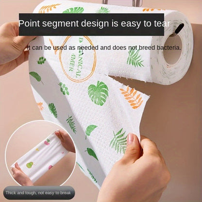 50 pieces of fruit and vegetable patterned lazy rags made with high-quality wood pulp fiber. These washable and disposable kitchen cleaning cloths are dual-use for wet and dry cleaning, making them ideal for use in the kitchen, bathroom, or car. They are