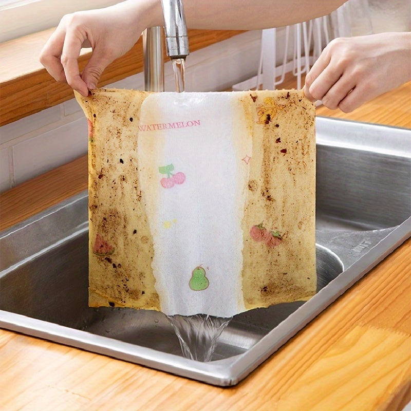 50 pieces of fruit and vegetable patterned lazy rags made with high-quality wood pulp fiber. These washable and disposable kitchen cleaning cloths are dual-use for wet and dry cleaning, making them ideal for use in the kitchen, bathroom, or car. They are