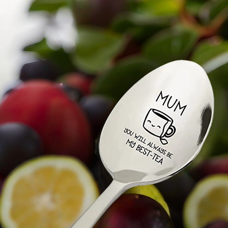 Stainless steel tea spoon engraved with a funny message for mom, perfect for Mother's Day or birthday gift.