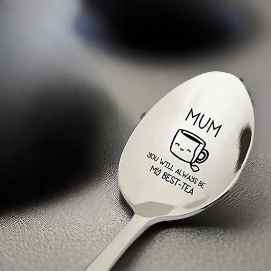 Stainless steel tea spoon engraved with a funny message for mom, perfect for Mother's Day or birthday gift.