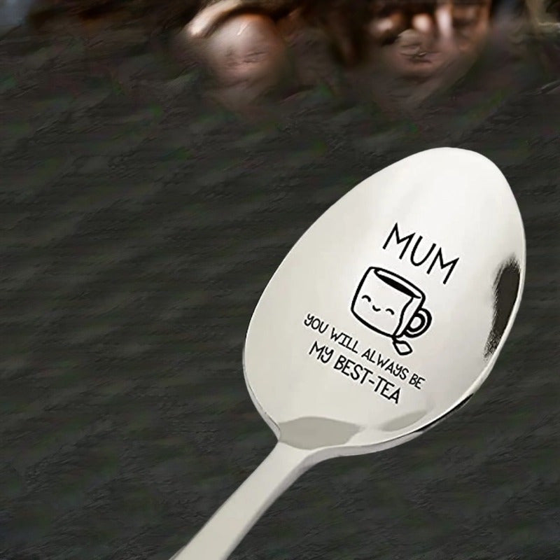 Stainless steel tea spoon engraved with a funny message for mom, perfect for Mother's Day or birthday gift.