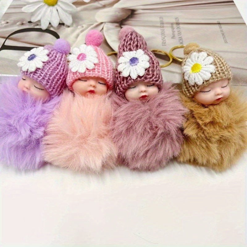 Set of 7 adorable sleeping doll plush keychains with wool hats - great for adding personality to your bags or car. Makes a perfect gift for Christmas, Valentine's Day, Halloween, or Mother's Day.