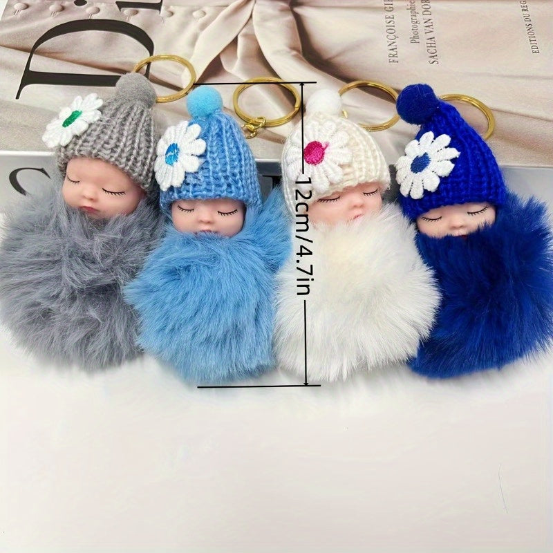 Set of 7 adorable sleeping doll plush keychains with wool hats - great for adding personality to your bags or car. Makes a perfect gift for Christmas, Valentine's Day, Halloween, or Mother's Day.