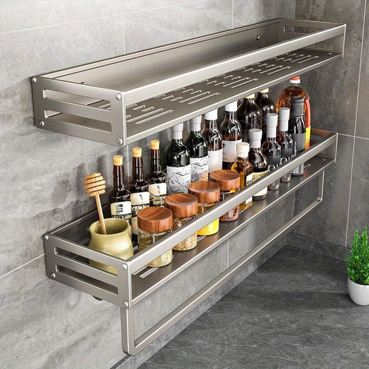 Wall-mounted Kitchen Storage Rack with Seasoning Shelf, Multi-functional Organizer for Kitchen Supplies, Dishcloths, and Utensils. Perfect for Bathroom or Kitchen Storage.