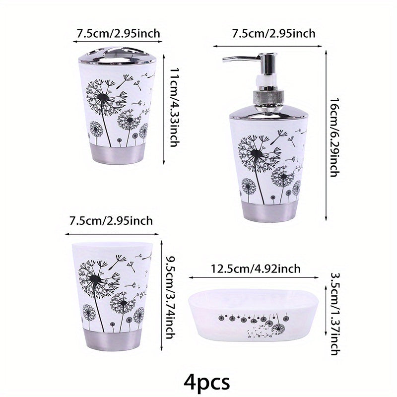 Комплект ванных принадлежностей с узором одуванчика включает диспенсер, мыльницу, чашку, держатель. Идеально подходит для декора или в качестве подарка на новоселье.