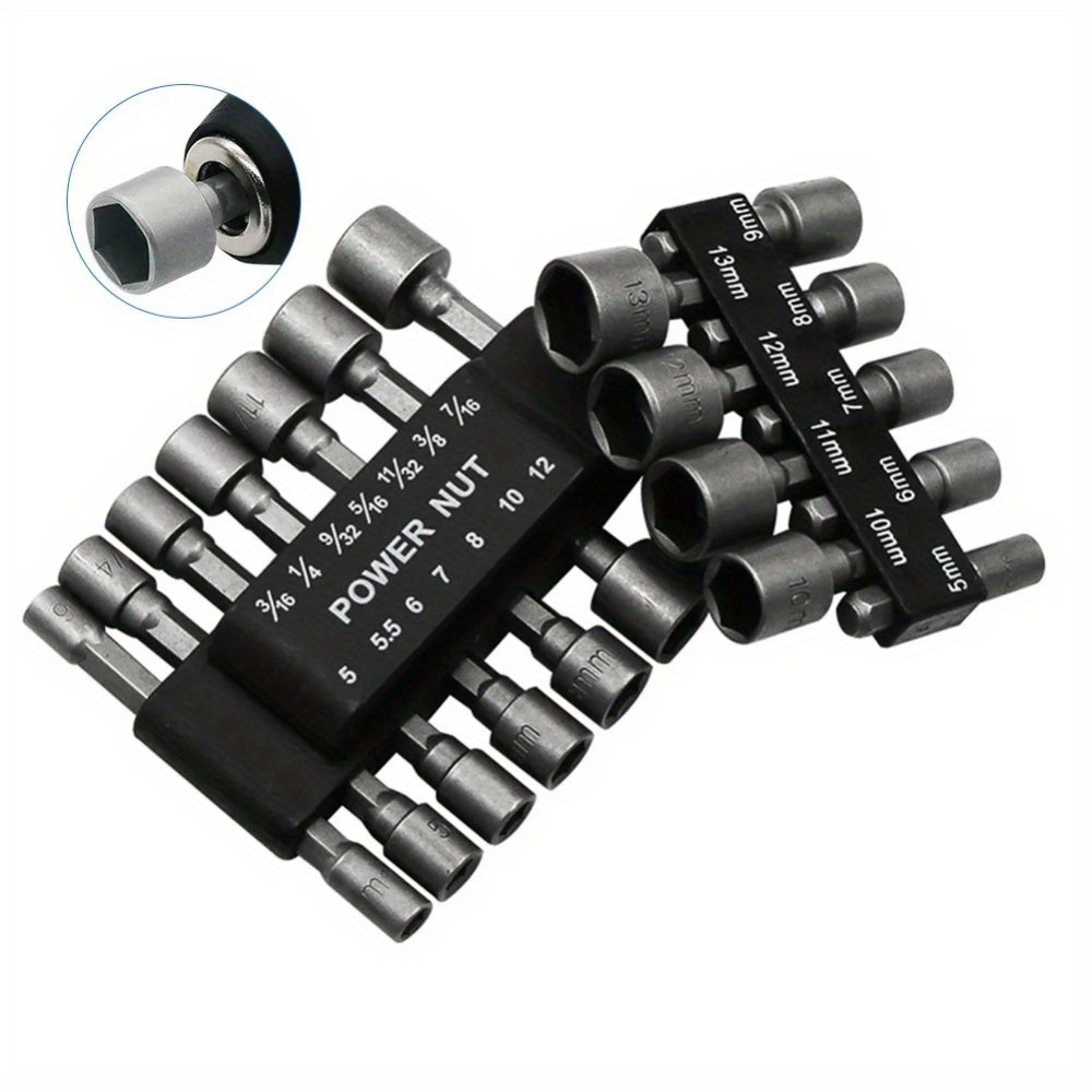 9/14pcs CRV power nut driver bits with 1/4" hex shank for 5-13mm sizes.