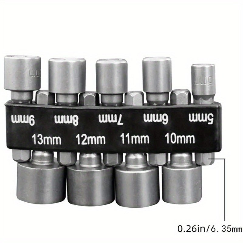 9/14pcs CRV power nut driver bits with 1/4" hex shank for 5-13mm sizes.