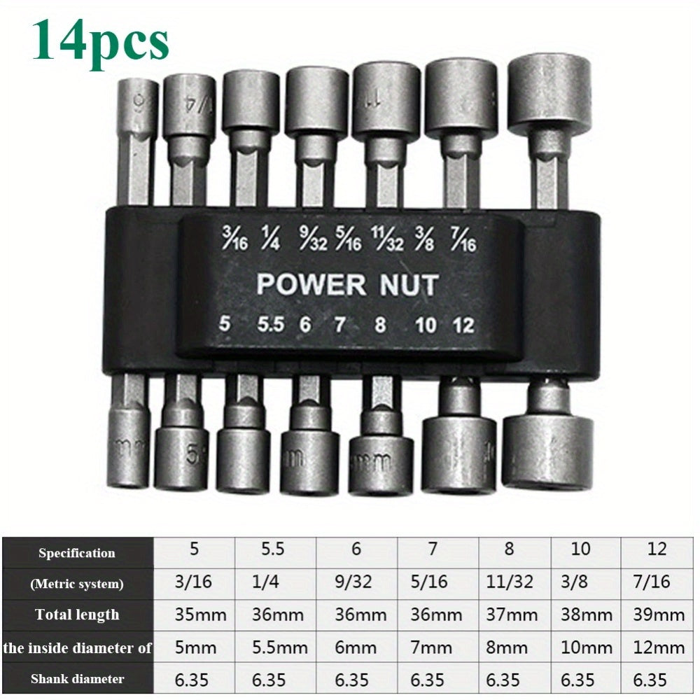 9/14pcs CRV power nut driver bits with 1/4" hex shank for 5-13mm sizes.