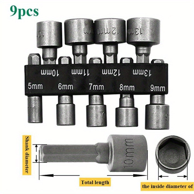 9/14pcs CRV power nut driver bits with 1/4" hex shank for 5-13mm sizes.