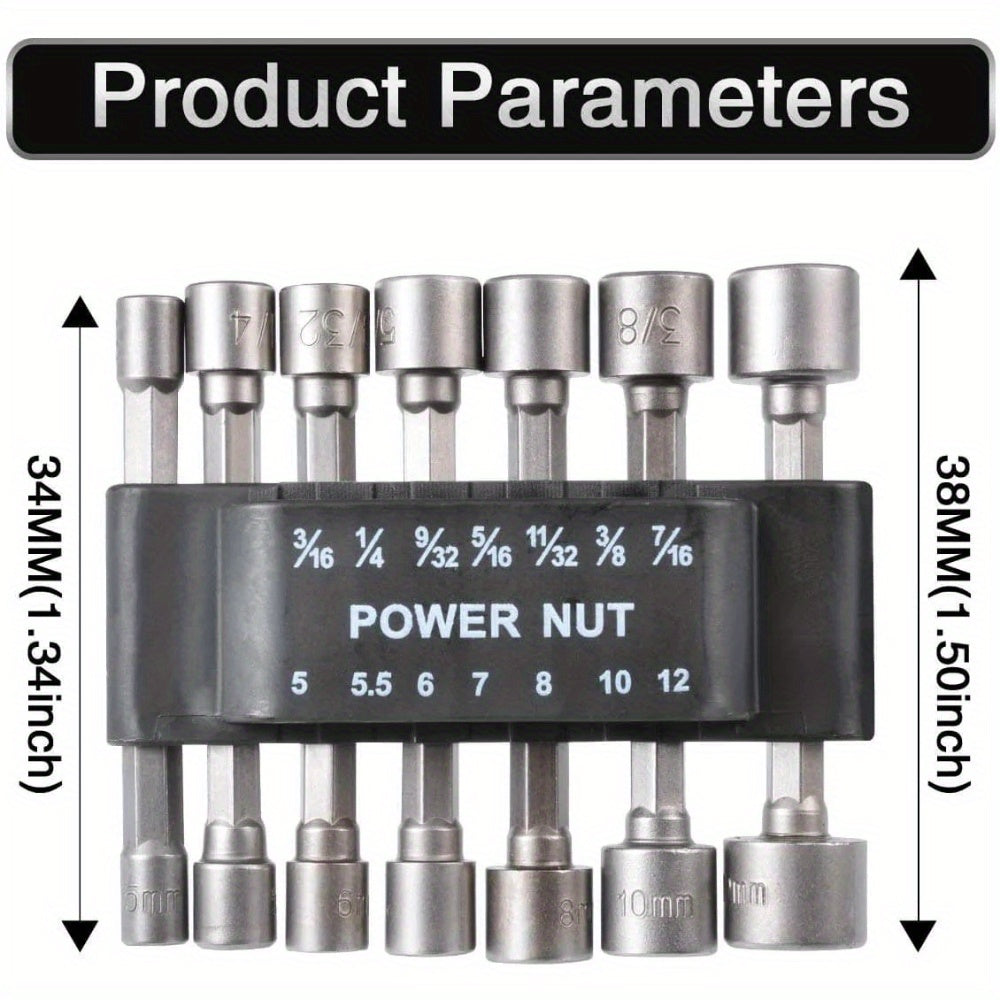 9/14pcs CRV power nut driver bits with 1/4" hex shank for 5-13mm sizes.