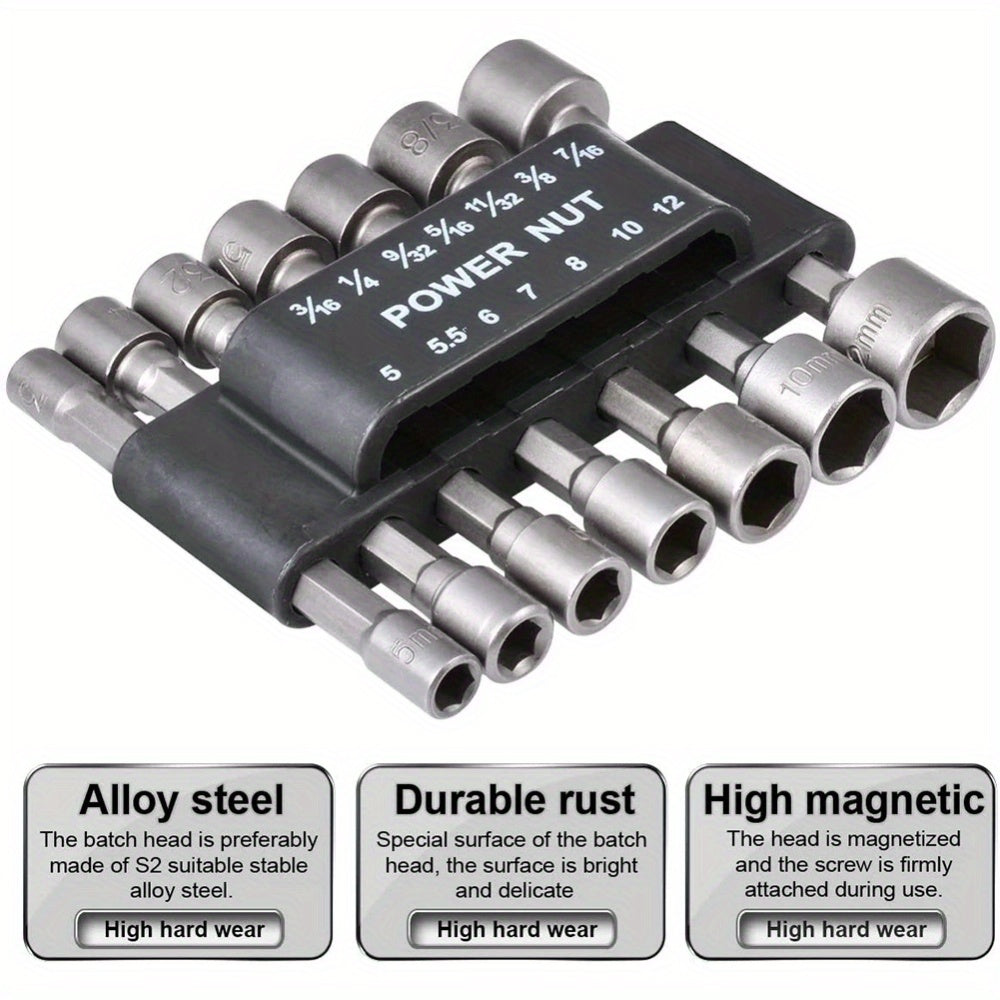 9/14pcs CRV power nut driver bits with 1/4" hex shank for 5-13mm sizes.