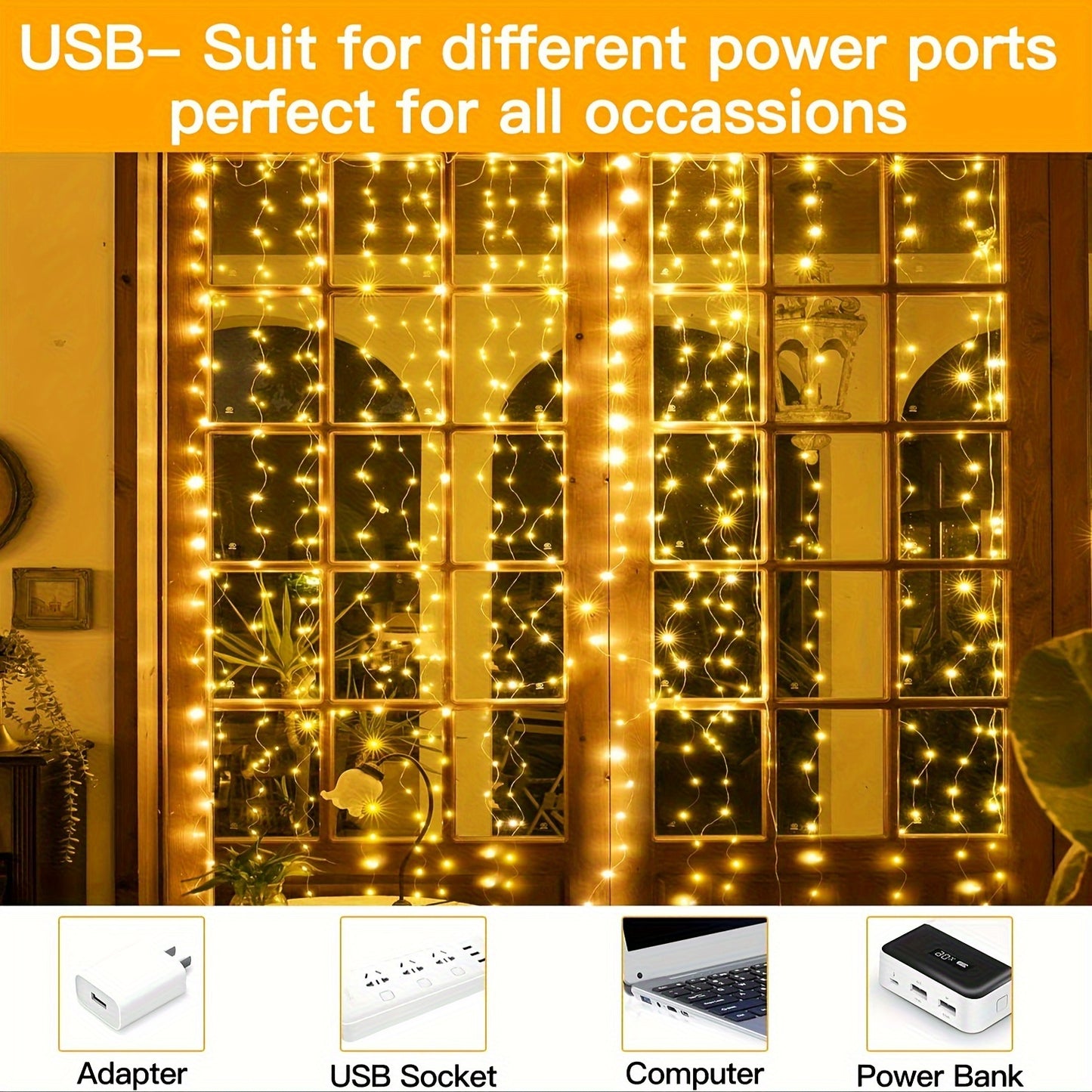 1pc Fairy Lights Curtain with 8 Modes Timer Remote, USB Lamps for Bedroom, Backdrop, Wedding, Party, Eid Al-Adha Mubarak.