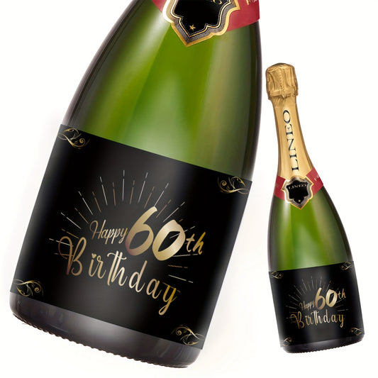 60 Elegant Happy 60th Birthday Champagne & Wine Bottle Labels - Luxurious Golden and Black Design, Pack of 60, 15.01x10.49 cm