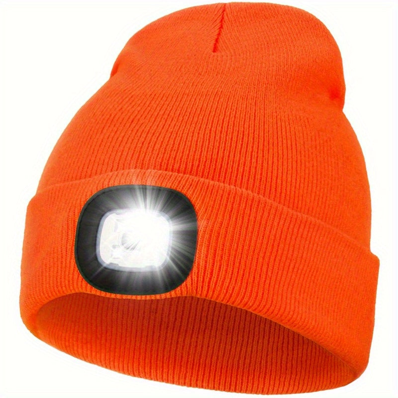 Stay illuminated with this versatile Unisex Beanie Hat featuring LED lights! With 4 LEDs easily changed with a button cell, this knitted hat doubles as a hands-free headlamp cap perfect for night walking, fishing, camping, and hunting.