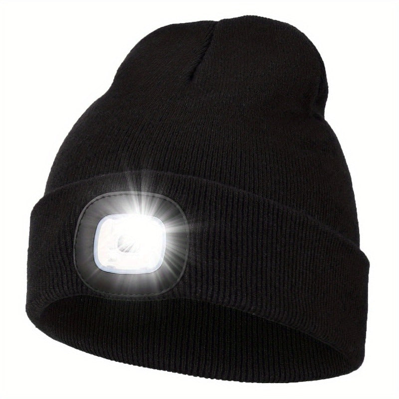 Stay illuminated with this versatile Unisex Beanie Hat featuring LED lights! With 4 LEDs easily changed with a button cell, this knitted hat doubles as a hands-free headlamp cap perfect for night walking, fishing, camping, and hunting.