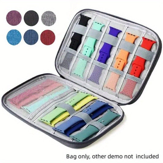 Ideal for gifts, this watch band organizer is a nylon waterproof storage bag that can hold 10-15 watch bands. It is a portable carrying case pouch for travel and compatible with watch bands from Garmin, Apple, Samsung, and more.