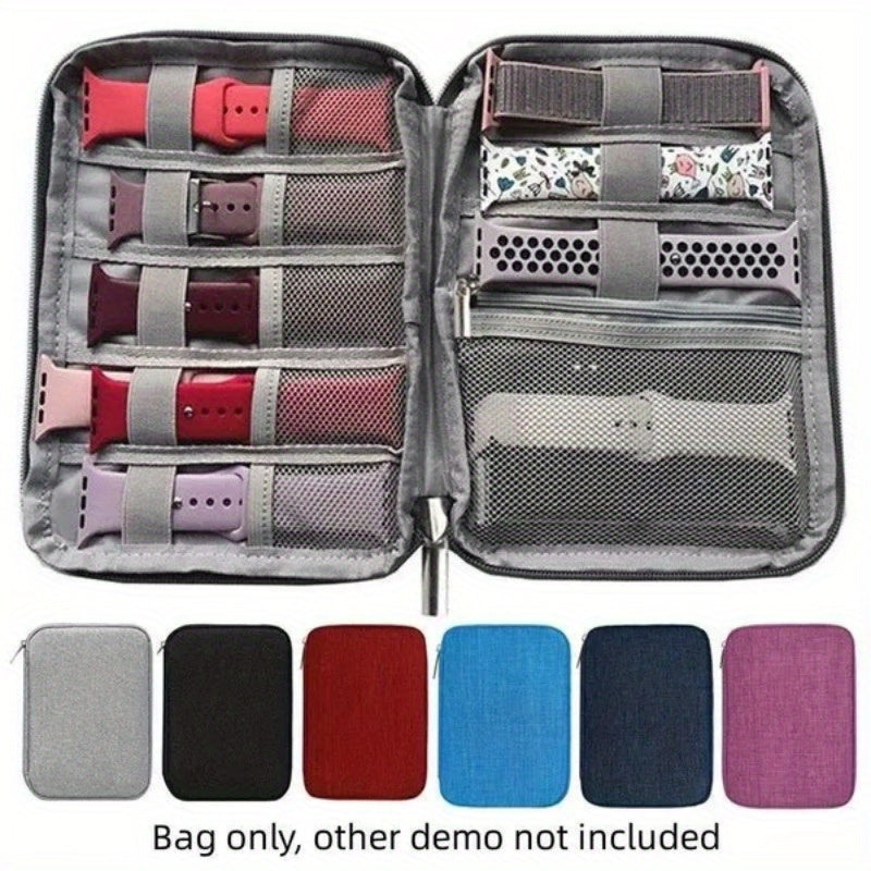 Ideal for gifts, this watch band organizer is a nylon waterproof storage bag that can hold 10-15 watch bands. It is a portable carrying case pouch for travel and compatible with watch bands from Garmin, Apple, Samsung, and more.