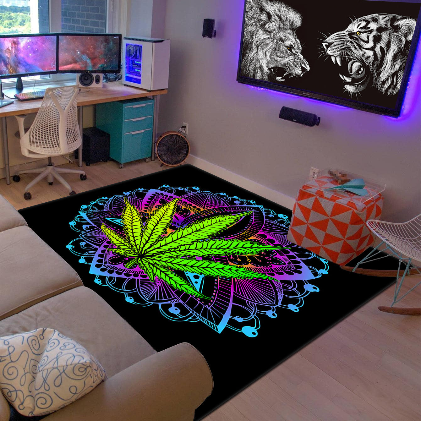 Psychedelic Leaf Print Area Rug, Floral Living Room Carpet, Soft Gothic Sofa Cushion, Coffee Table Home Decor for Bedroom and Indoor Spaces