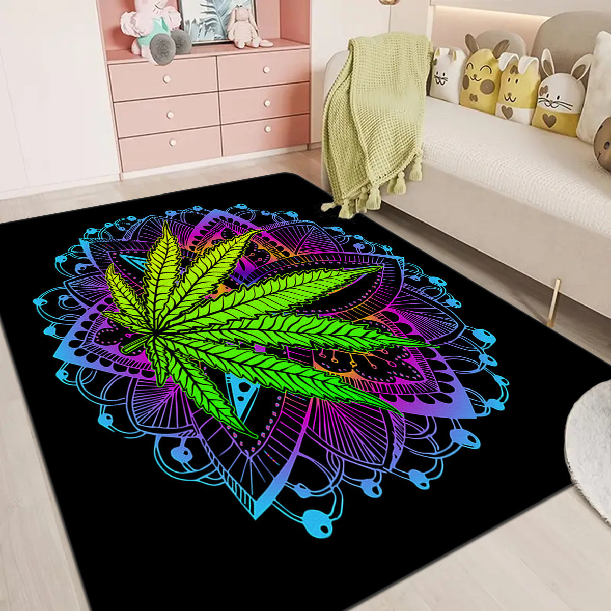 Psychedelic Leaf Print Area Rug, Floral Living Room Carpet, Soft Gothic Sofa Cushion, Coffee Table Home Decor for Bedroom and Indoor Spaces