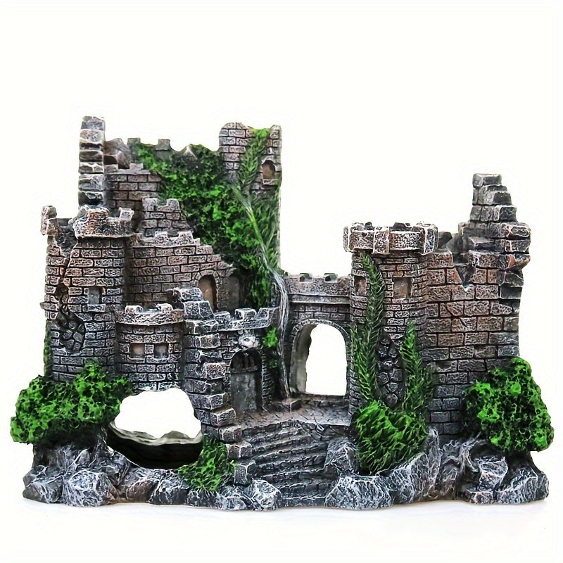 Medieval castle aquarium ornament made of resin, featuring realistic moss-covered stones, green foliage, wooden bridge, and safe for fish tanks.