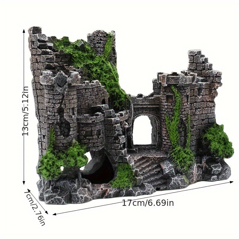 Medieval castle aquarium ornament made of resin, featuring realistic moss-covered stones, green foliage, wooden bridge, and safe for fish tanks.