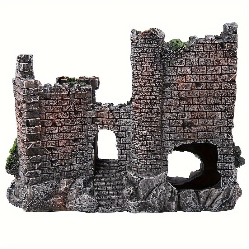 Medieval castle aquarium ornament made of resin, featuring realistic moss-covered stones, green foliage, wooden bridge, and safe for fish tanks.