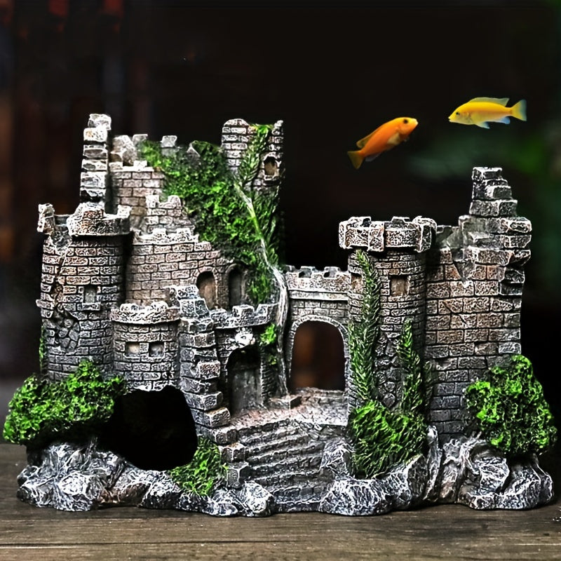 Medieval castle aquarium ornament made of resin, featuring realistic moss-covered stones, green foliage, wooden bridge, and safe for fish tanks.