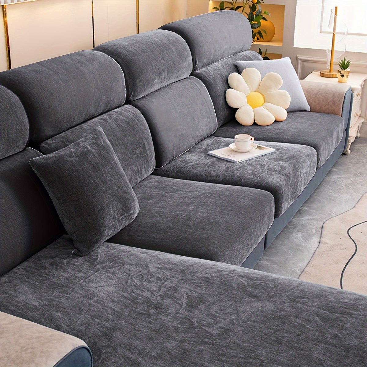 Velvet sofa cover for furniture protection and decoration in any room.