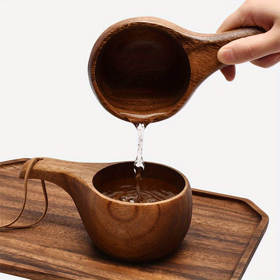 Acacia wood coffee and milk cup with tassel. High-quality, reusable drinkware with rope handle. Perfect for camping and daily use in the kitchen.