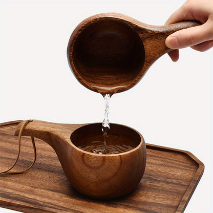 Acacia wood coffee and milk cup with tassel. High-quality, reusable drinkware with rope handle. Perfect for camping and daily use in the kitchen.