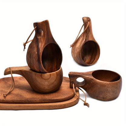 Acacia wood coffee and milk cup with tassel. High-quality, reusable drinkware with rope handle. Perfect for camping and daily use in the kitchen.